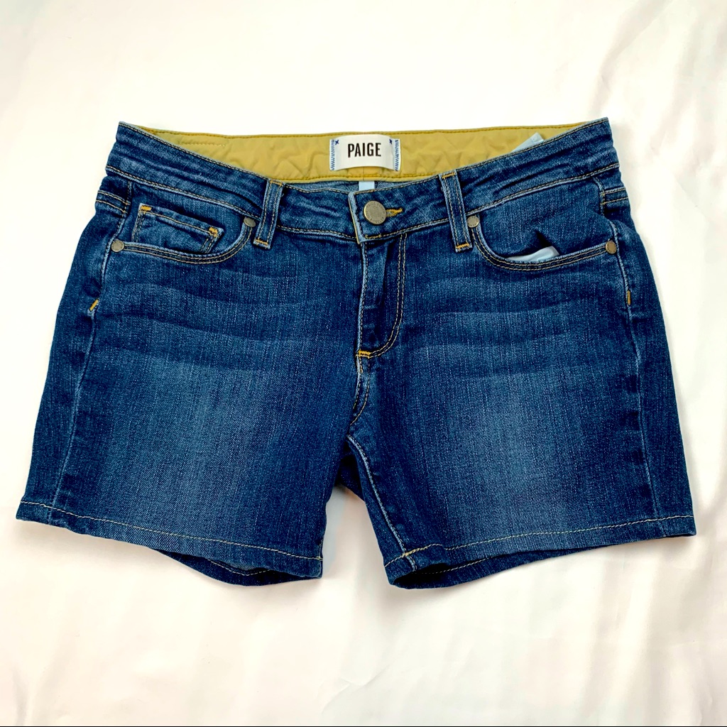 Paige Dark Blue Denim Jean Shorts With Yellow Waistband